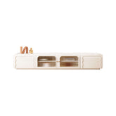 Beige rectangular TV stand measuring 78.7 inches with 4 doors and ample storage space